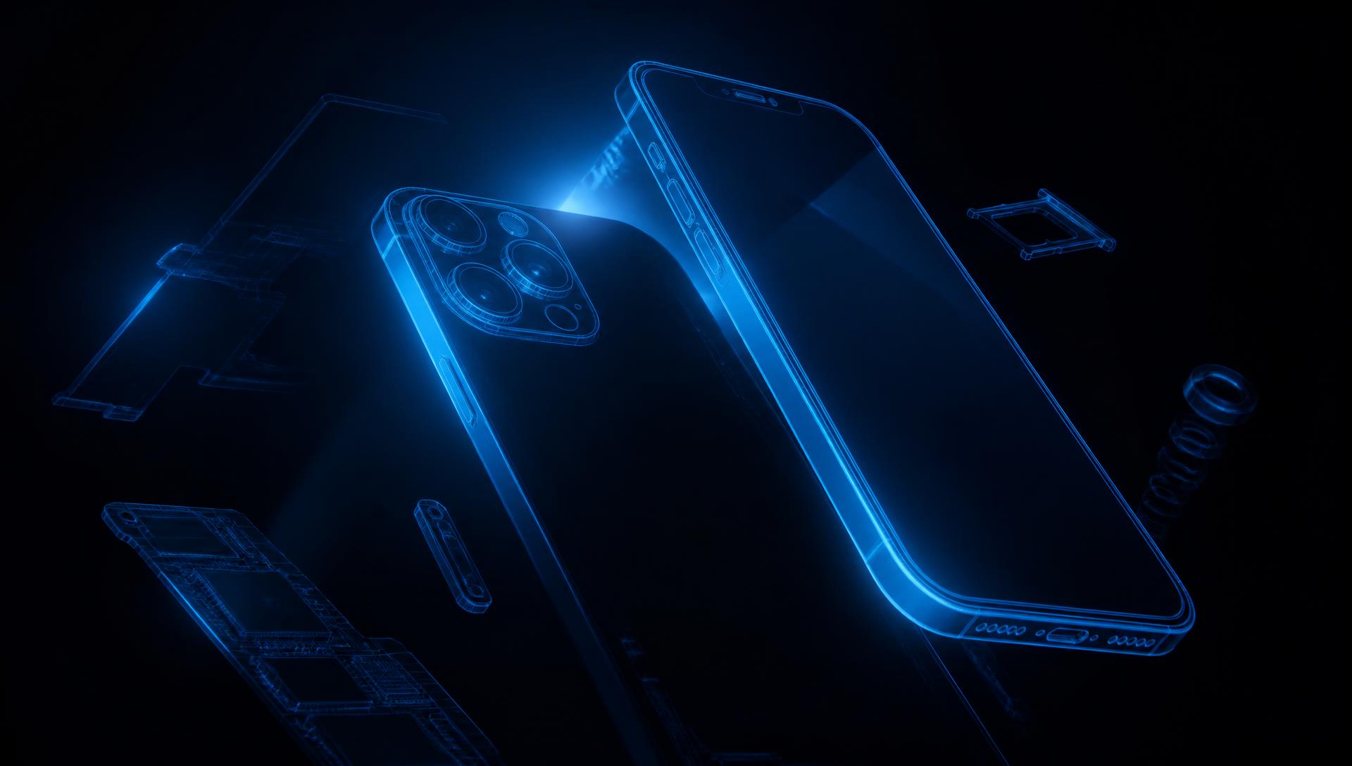 Glowing wireframe smartphone components floating in dark space